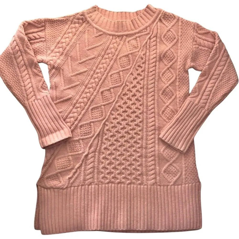 J. Crew Patchwork Cable Knit Wool Blend Pink Tunic Sweater Heather Dusk. XXS.